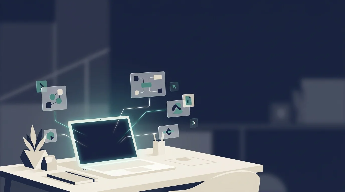 A single laptop sending glowing lines out to several screens, representing an AI automation agency producing and distributing a business's marketing automatically.