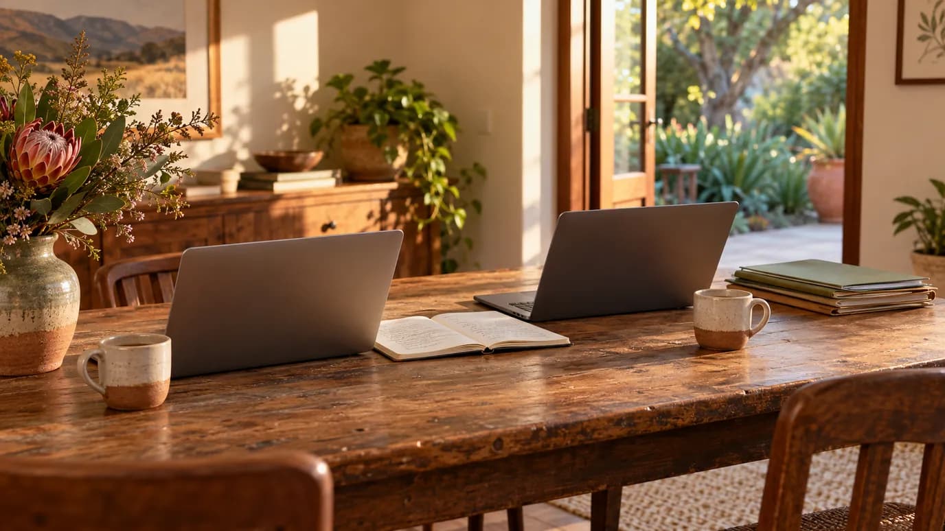 Claude Team plan vs ChatGPT Business: two open laptops side by side on a worn wooden table in a guest house back office, with a shared notebook, two mugs of coffee, a stack of folders and protea in a vase, in warm morning light.