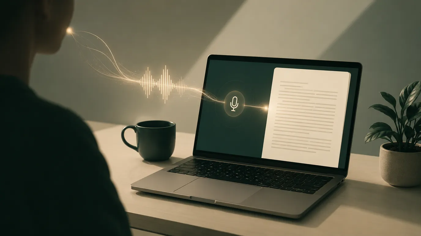 A quiet desk showing a live voice-dictation waveform flowing into a text document — the free Wispr Flow alternative turning speech into finished writing without lifting a finger.