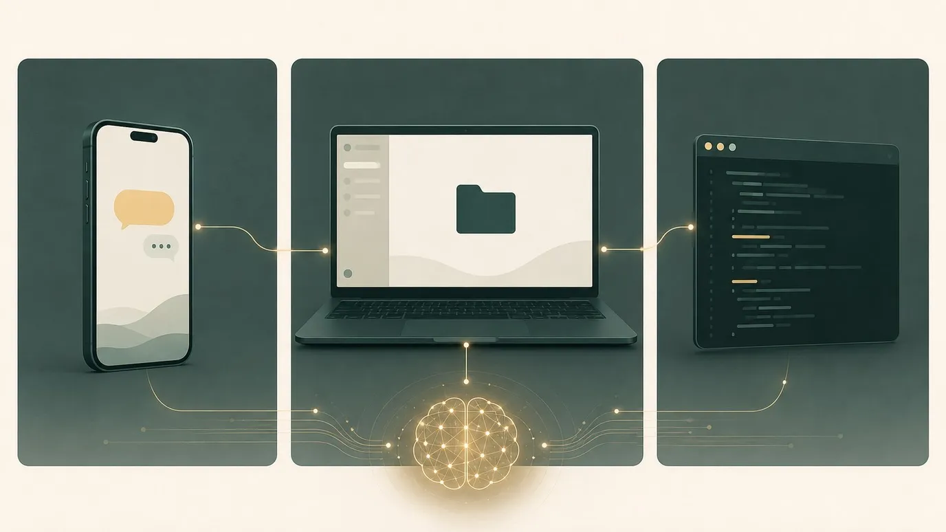Claude Chat, Claude Cowork and Claude Code side by side — a phone chat window, a desktop workspace, and a developer terminal — showing the three surfaces of the same Claude model.