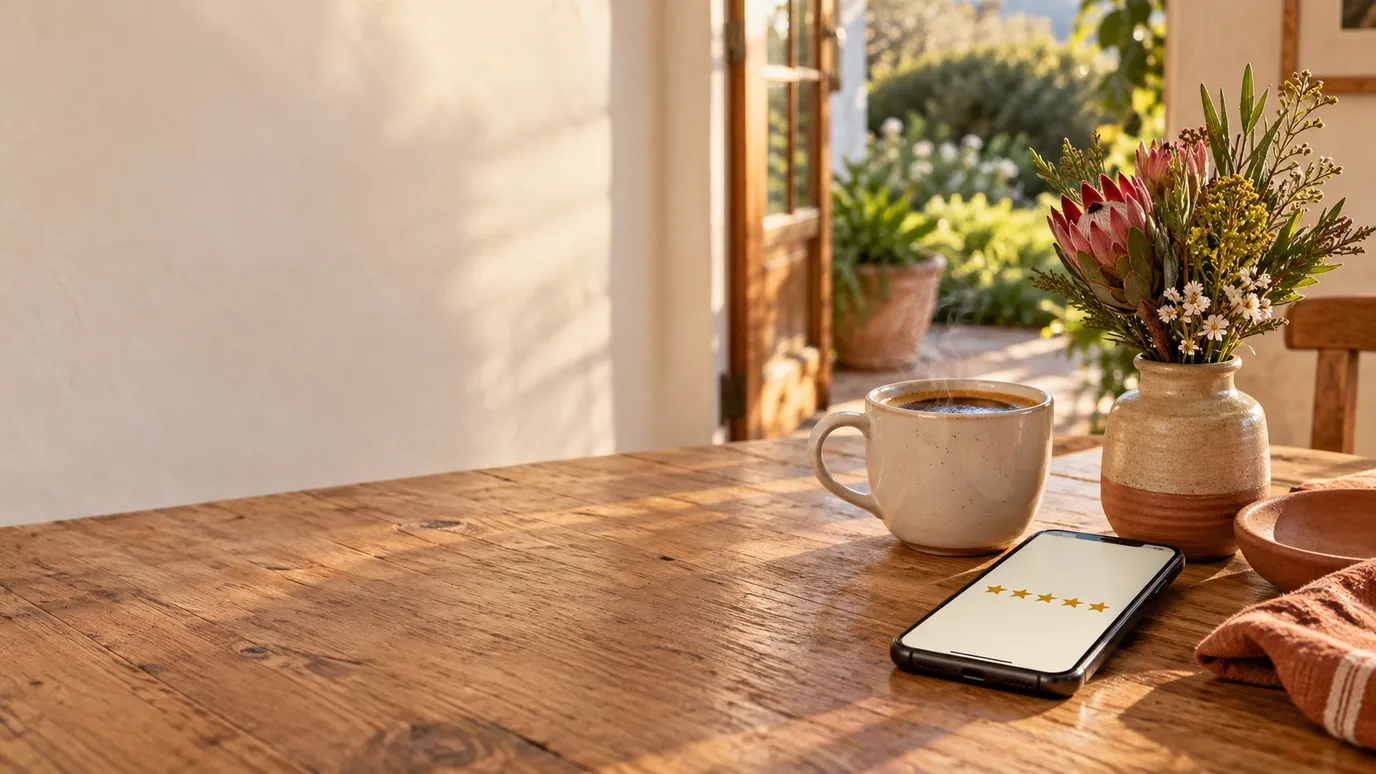 A cup of coffee and a phone showing five stars on a wooden table at a guest house, in soft morning light, with fynbos in a vase and the garden through an open door.