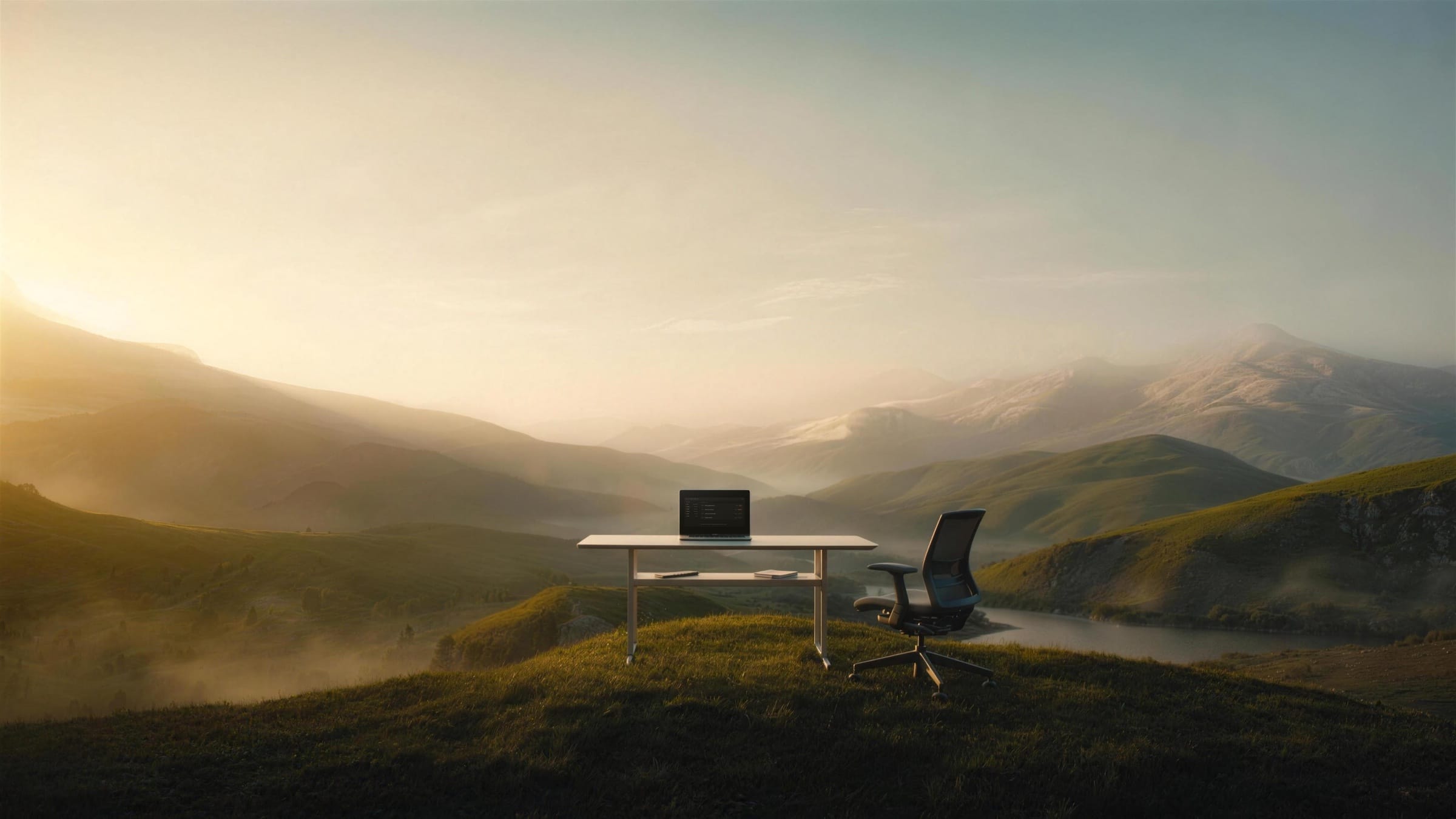 A desk with an open laptop and a chair on a green hill at sunrise, misty mountains behind.