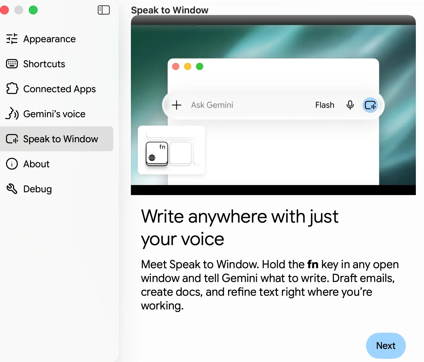 Gemini for Mac settings panel showing the Speak to Window feature — the setting that lets Gemini type into any active window.