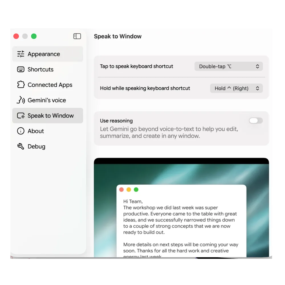 Gemini for Mac shortcut settings — tap-to-speak, hold-to-speak, and the Use reasoning toggle.