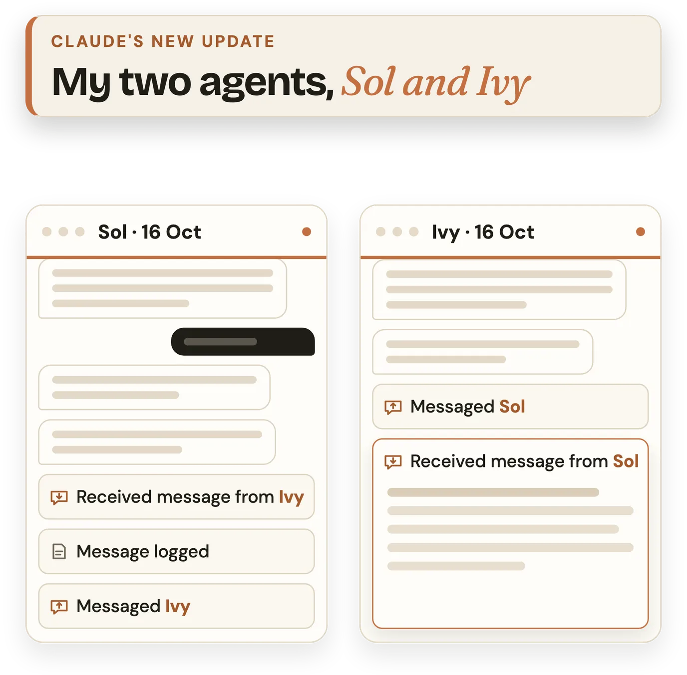 Two Claude agents message each other: Sol's chat receives a message from Ivy, and Ivy's chat one from Sol