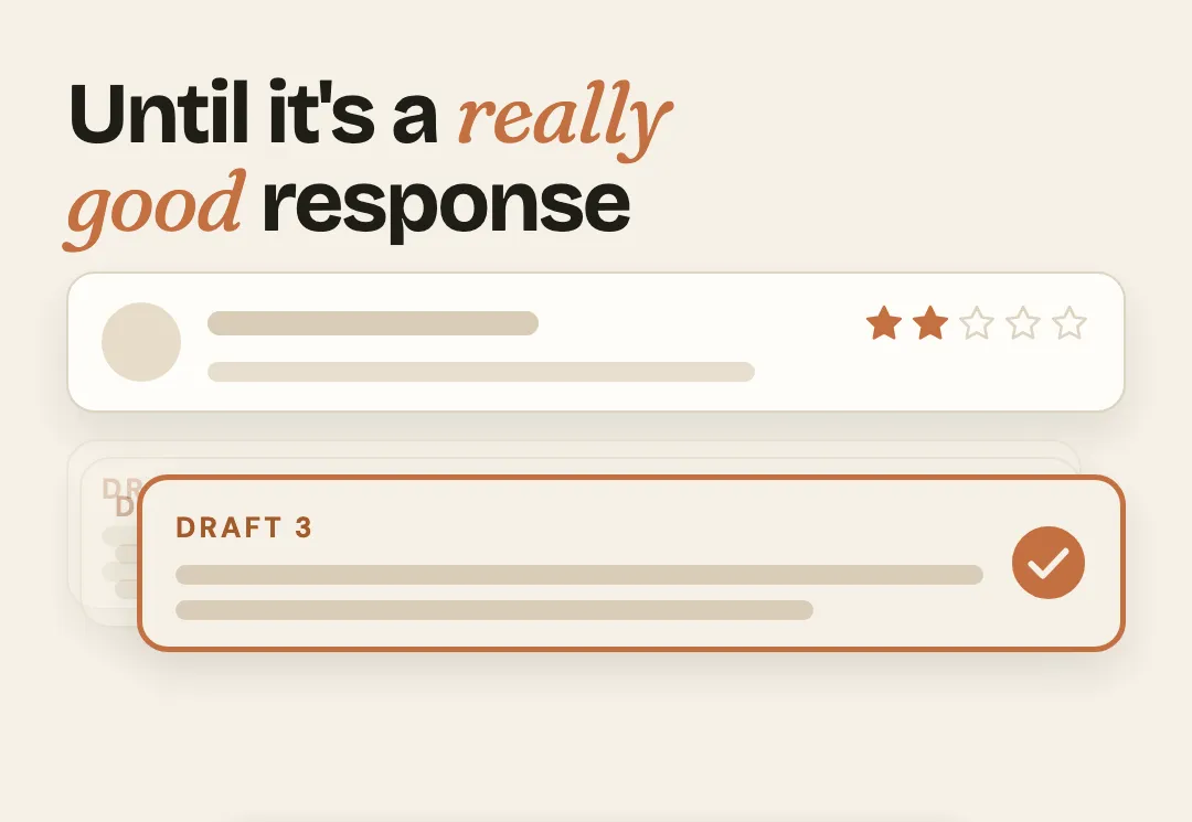 A two-star review with three drafts of a reply, the third ticked as the one that sounds right: how to reply to Google reviews in your own voice