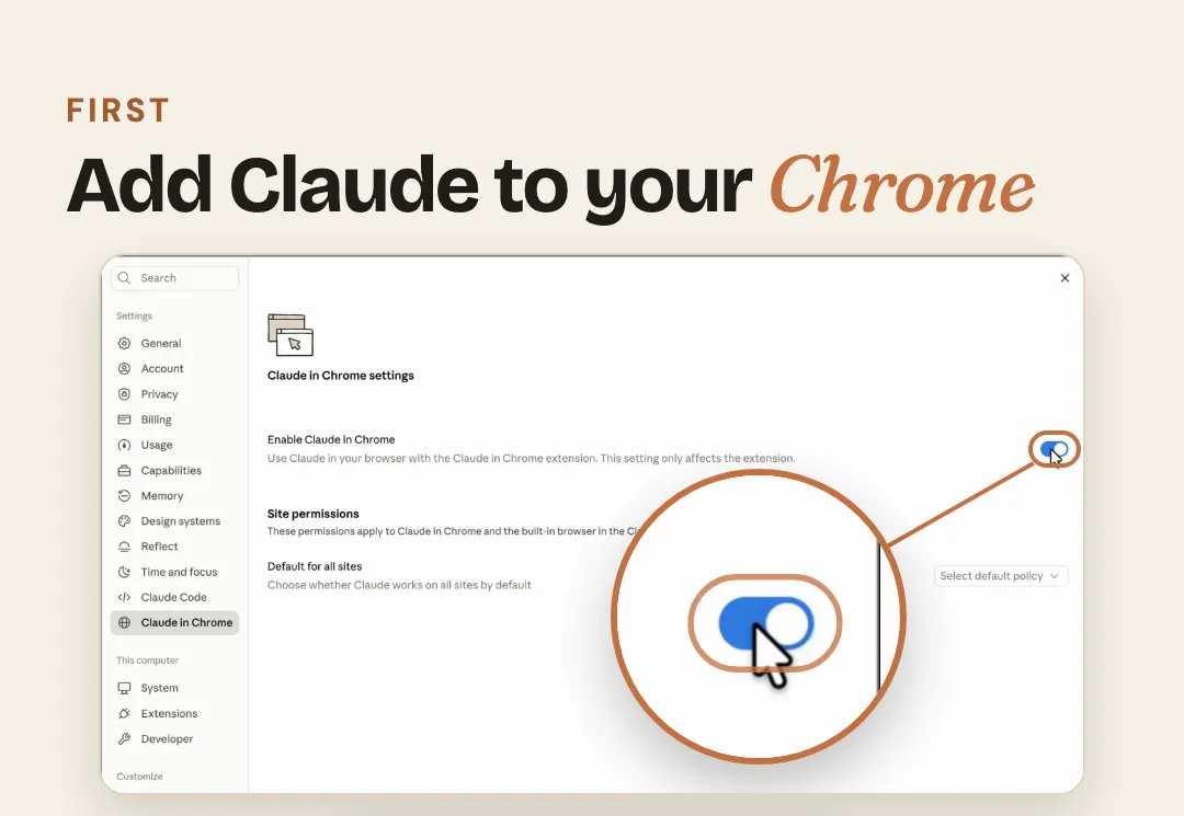 Claude's settings with the Claude in Chrome switch turned on